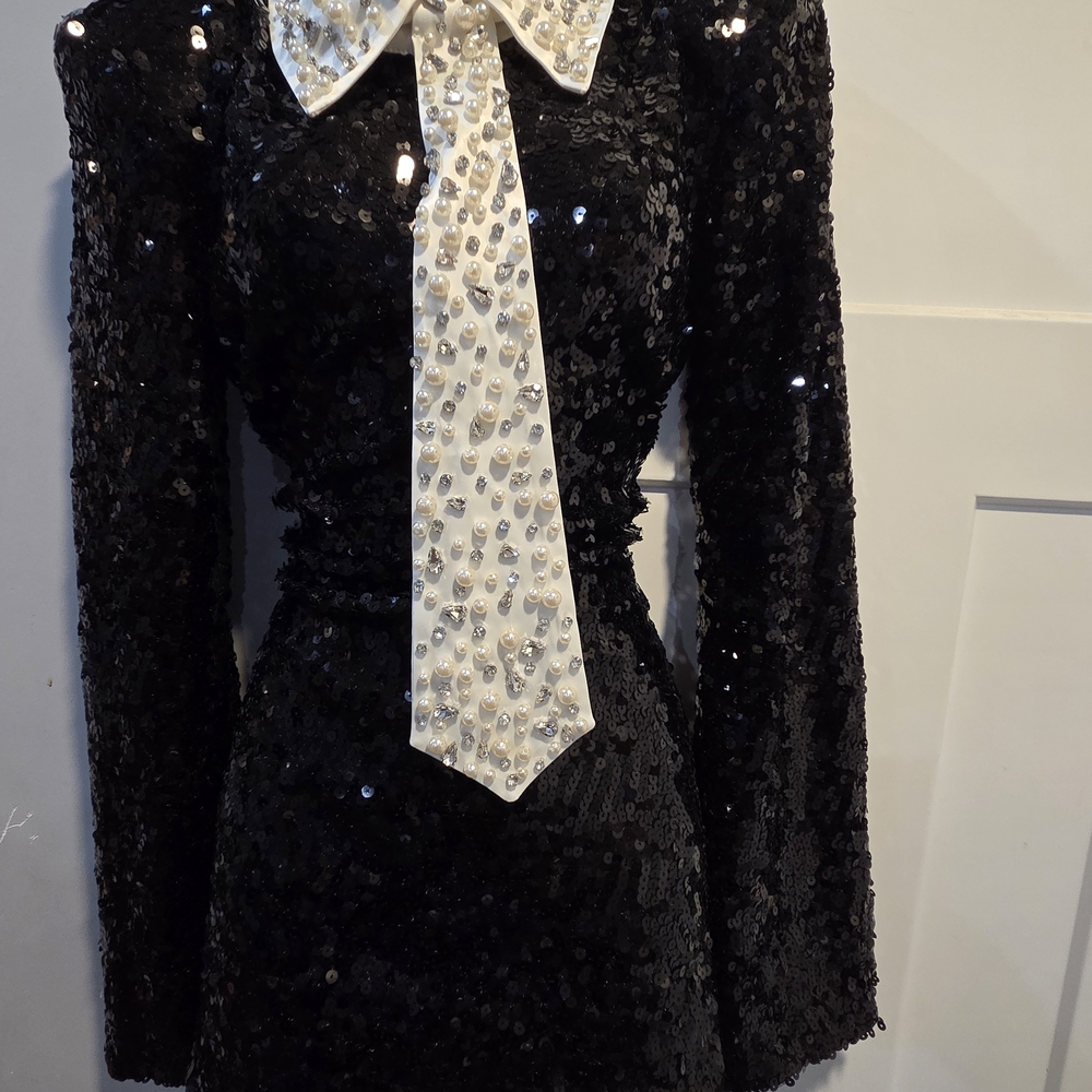 Black Sequin Blazer with Embellished White Tie